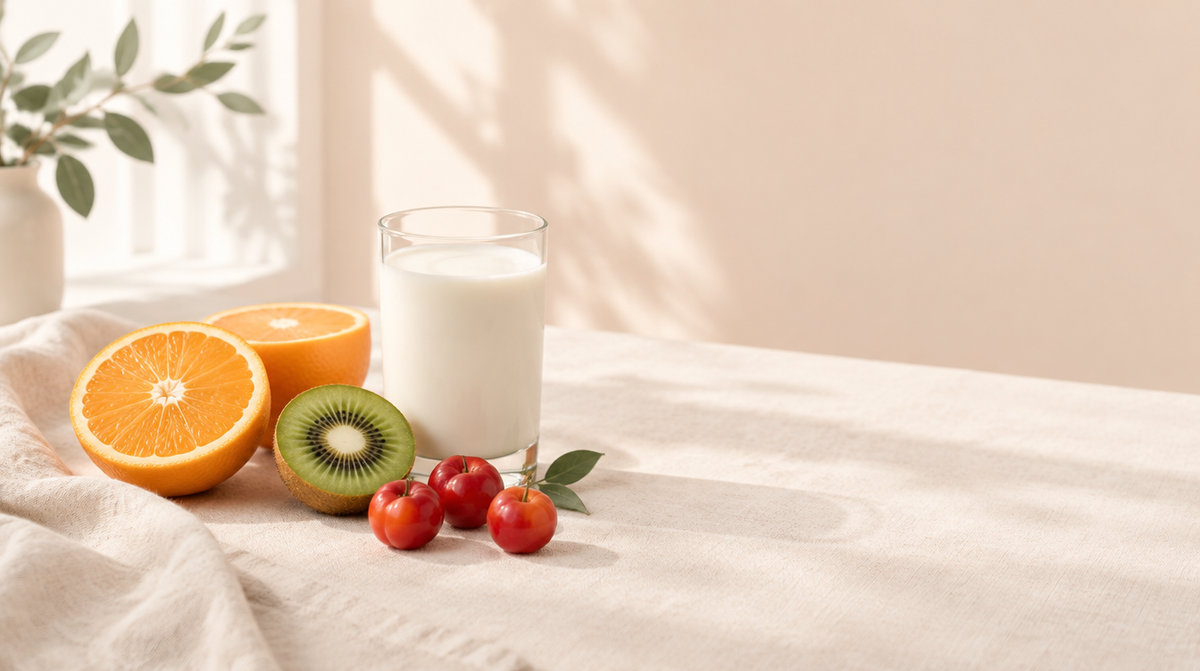 Szklanka mleka, pomarańcze, kiwi i acerola