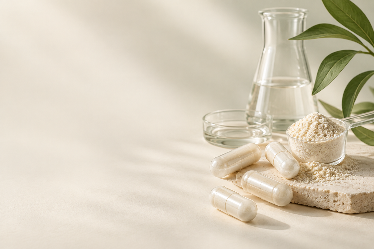 Kapsułki, składniki i szkło laboratoryjne — ilustracja micromeds